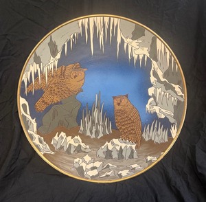 Villeroy & Boch 18" Mettlach, Geo Geesch #2644 glazed polychrome stoneware hanging charger featuring a pair of horned owls. 1898–1901.